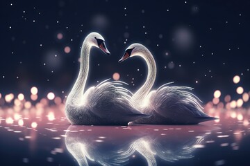 couple Swan covered in glowing lights, in a wedding scene