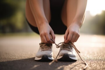 closeup shot of an unrecognizable woman tying her shoelaces while exercising outdoors, created with generative ai