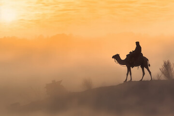 Fototapeta na wymiar Soldier on a camel, foggy area, silhouette. AI generative