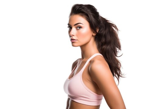 studio shot of a fit young woman in workout gear isolated on white, created with generative ai