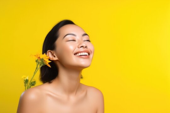 woman, face and smile in nature for wellness, peace or happiness spv fitness on yellow background, created with generative ai