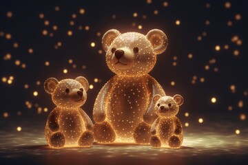 Teddy bear family covered in glowing lights, in a Christmas scene, minimalism abstract Christmas graphic design