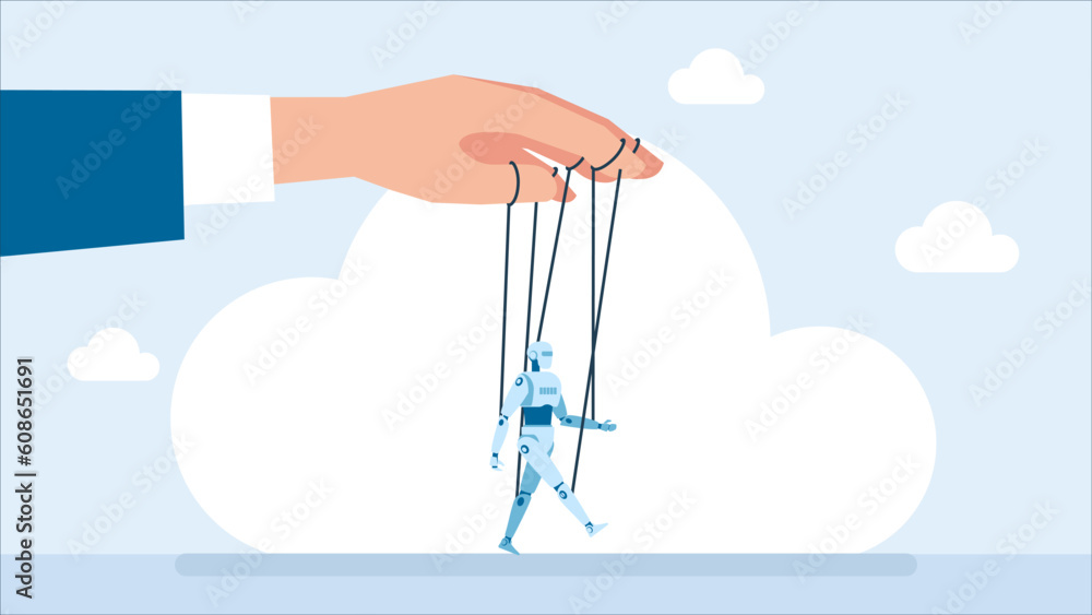 Poster businessman puppeteer controls the robot. human hand manipulating robotic cyborg puppet. use of new 