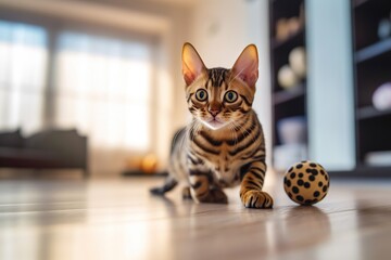 Bengal cat is playing with toys and balls in a bright living room of a cozy apartment. - obrazy, fototapety, plakaty