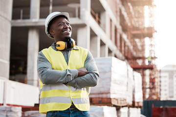 Engineer, black man and thinking at construction site building with a smile for development or...