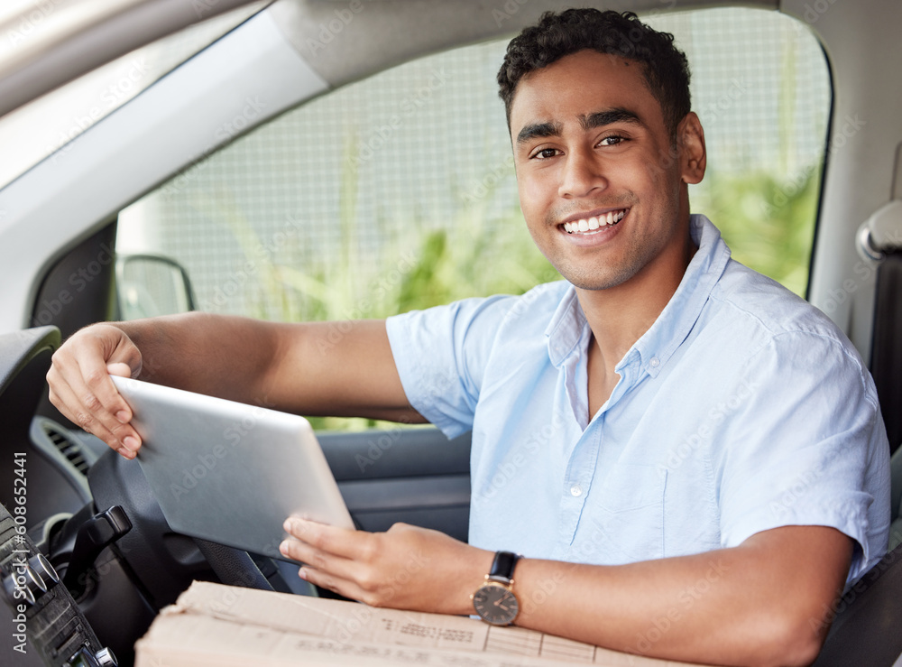 Poster portrait, tablet and delivery with a man in a van searching for directions to a location or address 