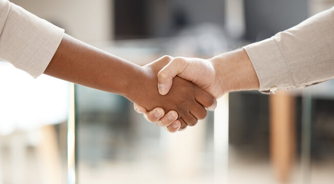 Business people, handshake and meeting in partnership agreement for deal, b2b or hiring at office. Employee shaking hands for teamwork, recruiting or welcome introduction or thank you at workplace