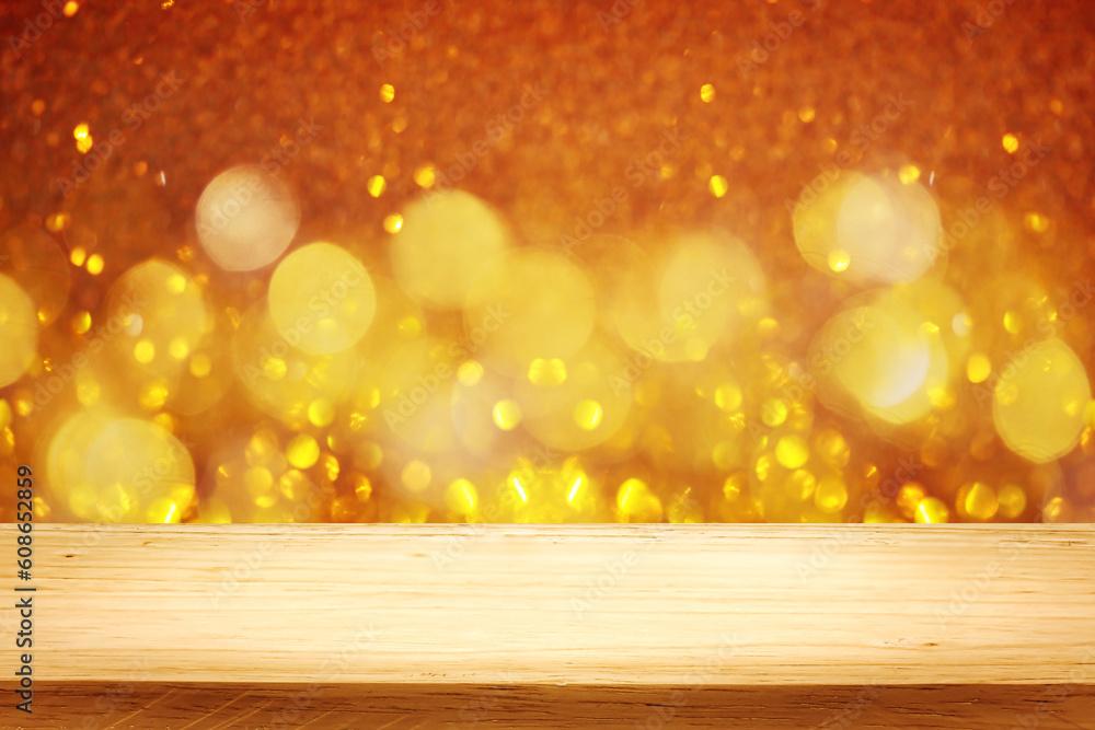 Aufkleber empty wood table top on golden bokeh abstract background for montage products display new year,chris
