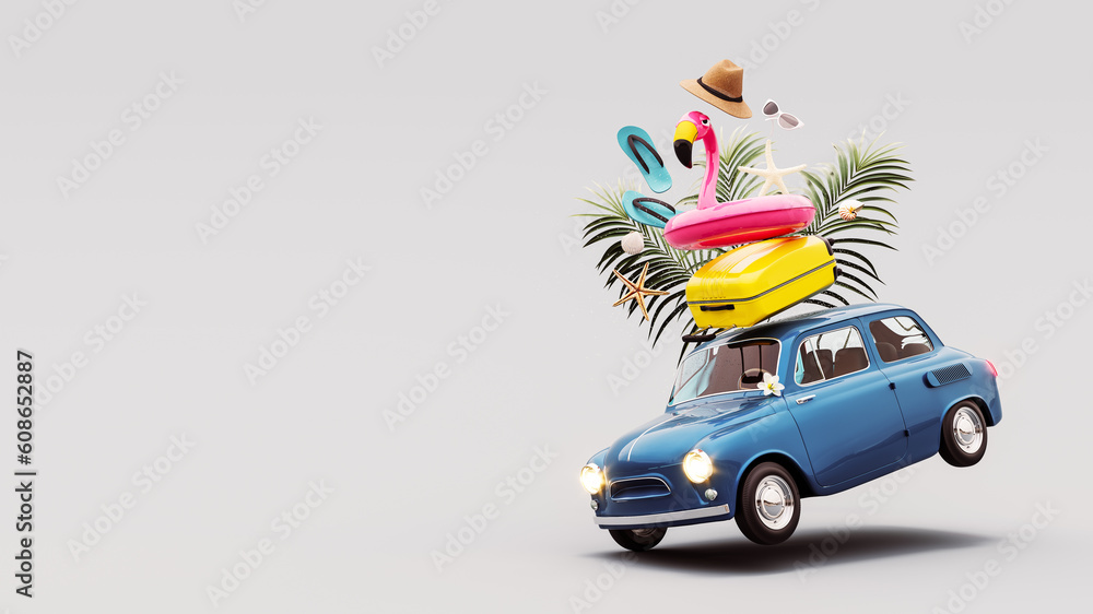 Sticker Blue retro car with luggage and summer accessories on grey background with copy space. Summer travel concept. 3D Rendering, 3D Illustration