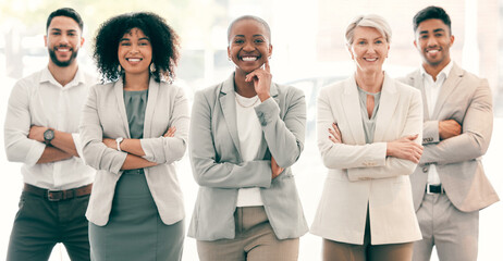Portrait, lawyers and group of business people with arms crossed in office. Confidence, team and happy employees, men and women, attorneys and collaboration for diversity, solidarity or cooperation