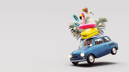 Blue retro car with luggage and summer accessories on grey background with copy space. Summer travel concept. 3D Rendering, 3D Illustration © hd3dsh