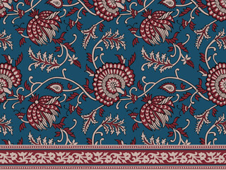 INDIAN FLORAL BLOCK PRINT WITH BORDER SEAMLESS PATTERN VECTOR ILLUSTRATION
