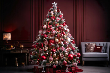 Fototapeta na wymiar AI Created Image of a Dark Red and Green Christmas Tree