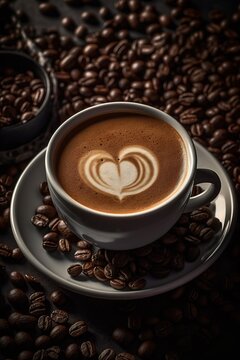 A cup of Cappuccino, close of view, seamless coffee beans background, overhead angle