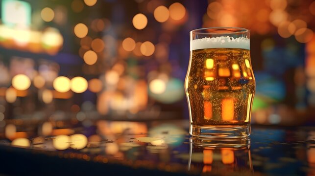 glass of beer on a table in bar background bokha