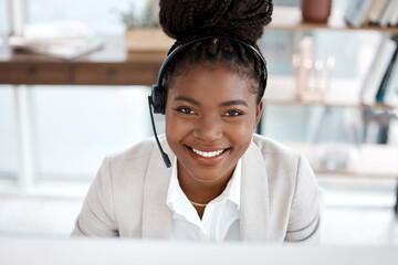 Black woman, call center and portrait smile in customer service, support or telemarketing at...