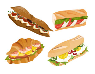 Set of tasty sandwiches concept. Loaves with vegetables and meat. Fast food, cafe menu and catering. Traditional american street food. Cartoon flat vector collection isolated on white background
