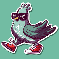 Digital art of a cool pigeon wearing sunglasses and sneakers. Hiphop graffiti bird with glasses and shoes. © Dana