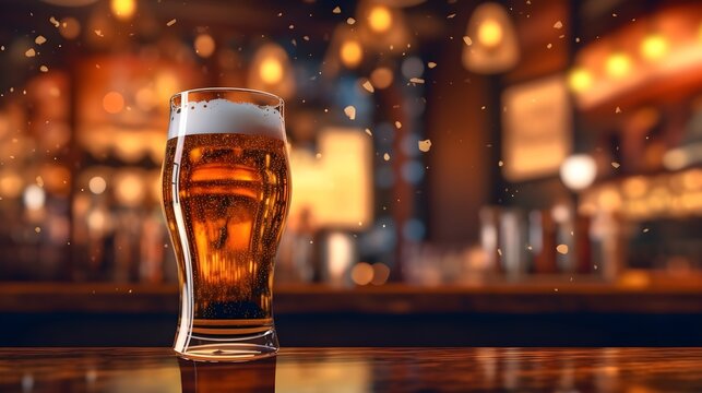 glass of beer on a table in bar background bokha