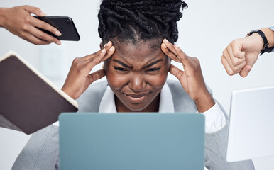 Black woman, work and overwhelmed by business stress, phone call or time management in professional...