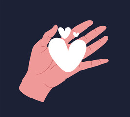 Hand holding white hearts concept. Love and romance. Gift for valentines day. Family and couple. Social media sticker. Poster or banner for website. Cartoon flat vector illustration