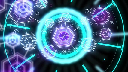 animation of hud interface graphic with Abstract technology theme background with connected cubes over dark, geometric design linear connection, software network system