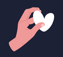 Hand holding white heart concept. Charity and generosity, help and support, donations. Love and romantic relationships. Template, layout and mock up. Cartoon flat vector illustration