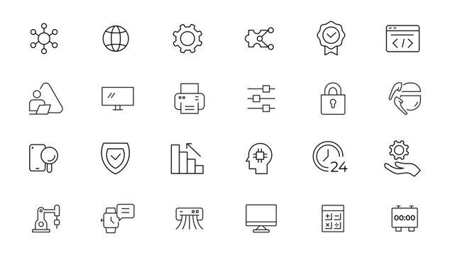 Office and Business line icons set. Business people outline icons collection. Teamwork, human resources, meeting, partnership, work group, success, workspace, computer, desk- stock vector