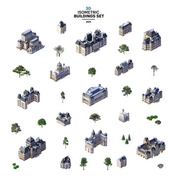 Isometric city constructor. Realistic urban 3D european buildings, business towers, commercial offices, residential houses set. City design elements, megapolis town, parisian buildings icons isolated