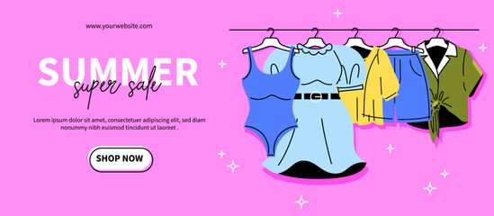 Summer sale pink banner concept. Fashionable and trendy clothes on hangers. Electronic commerce and marketing. Discounts and promotions on internet, online shop. Cartoon flat illustration