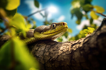 Obraz premium Schlange auf einem Baumast an einem sonnigen Tag, Snake on a tree branch on a sunny day