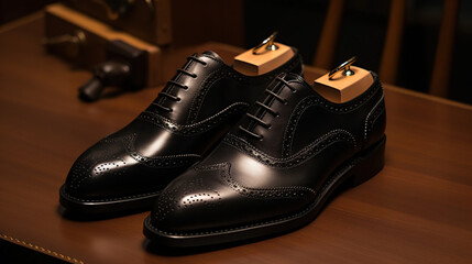 Obraz na płótnie Canvas Stylish Black Leather Shoes Gracefully Resting on a Polished Wooden Table Generative AI Photo