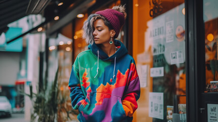 Obraz premium Vibrant Hoodie-Clad Young Woman Striding Confidently Along the Bustling Downtown Sidewalks Generative AI Photo