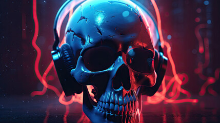 Vibrant Skull Illuminated in Red and Blue with Headphones Generative AI 3D Render