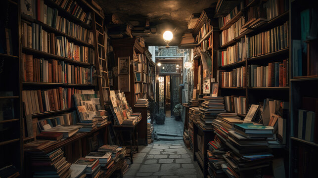 Old Books in a Cozy and Overflowing Bookshop with Antique Charm Generative AI Photo