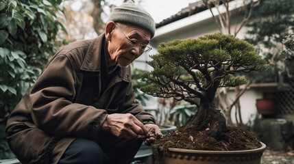 Elderly Japanese Gentleman Nurturing his Bonsai in the Serene Backyard Generative AI Photo