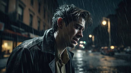 Fototapeta na wymiar Portrait of Man Crying in the Rain on a City Street Generative AI Photo