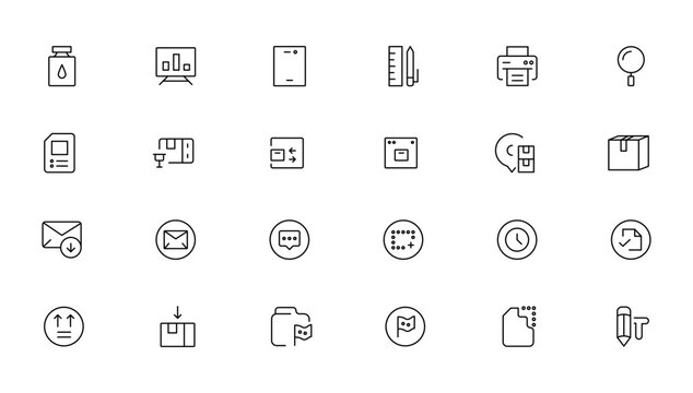Set of line icons related to office and data exchange. Outline icon collection. Editable stroke. Vector illustration