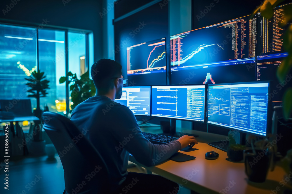 Wall mural Programmer sitting in front of two large computer monitors with lines of code in a dimly lit office background at evening. Generative AI