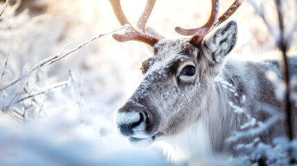 In an icy expanse, Closeup a reindeer's eyes sparkle; breath misting, fur details vibrant against the stark, snow-kissed terrain. Generative AI