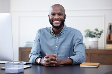 Happy, desk and portrait of black man entrepreneur in corporate company or agency office arms...