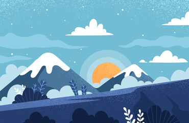 Fototapeta na wymiar Winter sunset landscape concept. Sun near snowcapped peaks and mountains. Beautiful natural panorama and forest. Creativity and art. Cold weather. Cartoon flat vector illustration