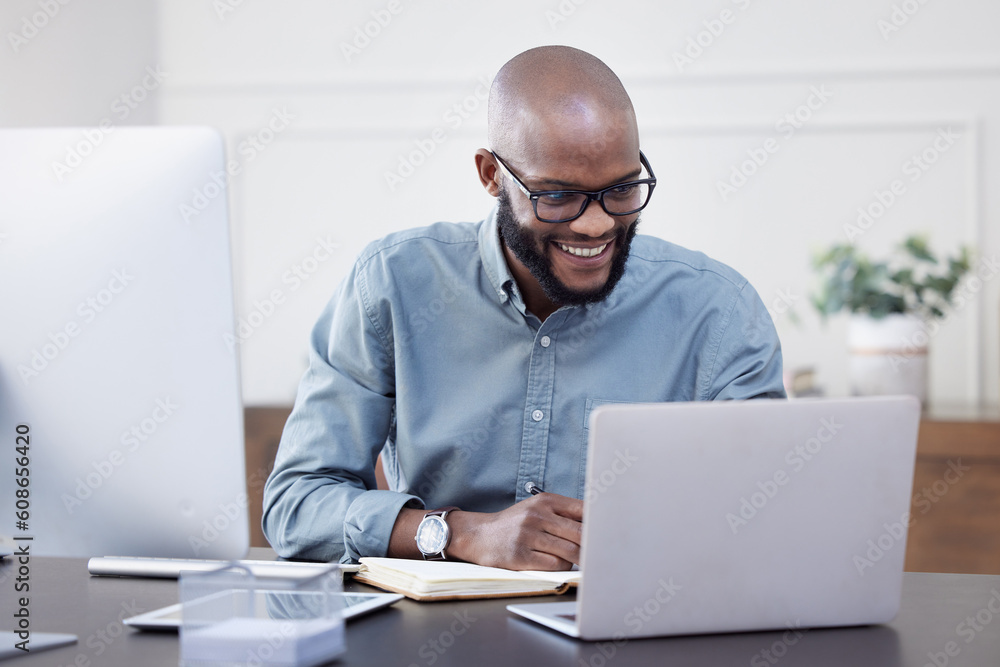 Poster Laptop, writer and black man with notebook, smile and working on business project in office. Computer, happy and African professional taking notes, copywriting or research, planning and reading email