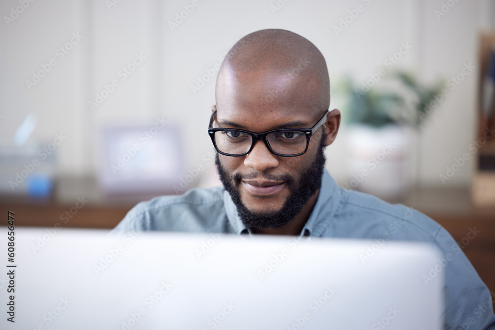 Poster IT, computer and black man work on business software, coding or email in office. Desktop, programmer and African professional working on cyber security, software or internet research for programming.