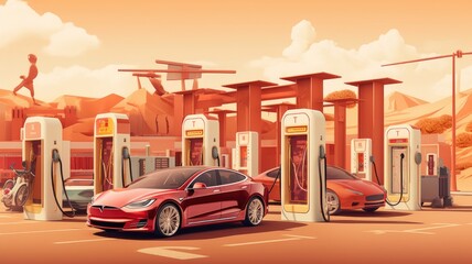 Electric Vehicles: An image illustrating electric vehicles, showcasing electric cars, charging stations, and the transition to sustainable transportation. Generative AI