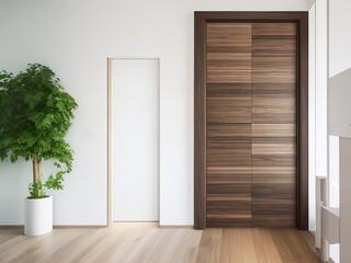 Embrace Modern Design with a Stunning Hallway featuring a Wooden Door and Ample Copy Space. 