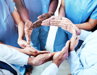 Circle, connection and doctors hands together in healthcare workflow, group support and team cooperation or synergy above. Integration, health formation and nurses, medical people or surgeon teamwork