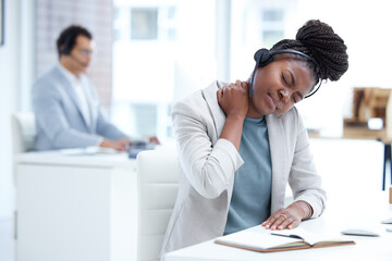 Stress, tired and call center woman with neck pain, burnout or health problem in customer service or sales. Black female crm agent or tech support consultant with injury, fatigue or stretching muscle