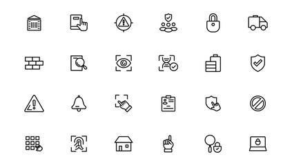 Security line icons set. Cyber lock, unlock, password. Guard, shield, home security system icons. Eye access, electronic check, firewall. Internet protection, laptop password.Outline icon.