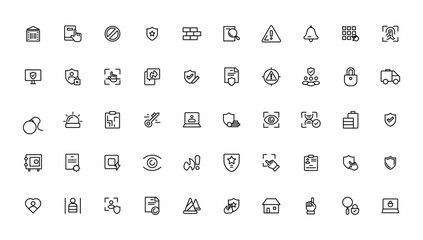 Security line icons set. Cyber lock, unlock, password. Guard, shield, home security system icons. Eye access, electronic check, firewall. Internet protection, laptop password.Outline icon.